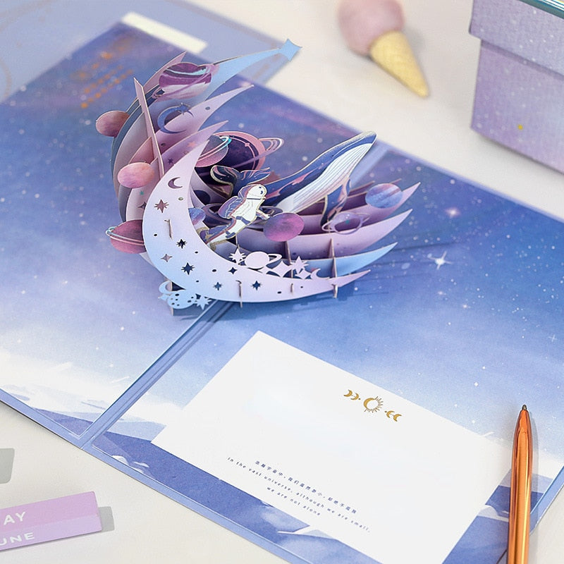 3D Stereo Purple Galaxy Whale Space Greeting Card